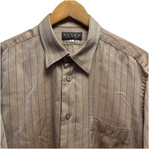 Sulka Men's Size Large Brown Chevron Long Sleeve Button Front Dress Shirt Italy